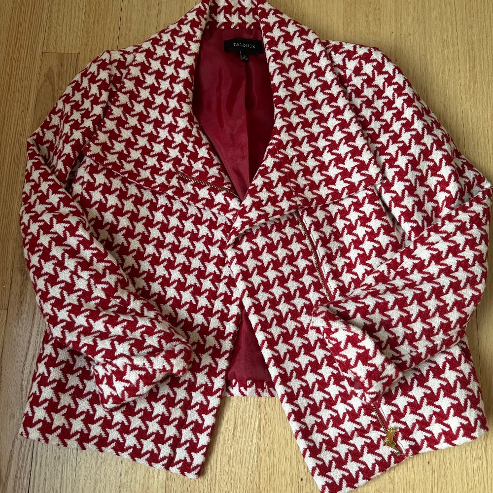 Talbots Wool Red Houndstooth Cropped Coat